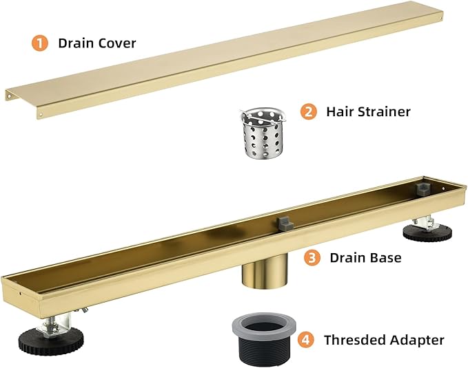 Linear Shower Drain ，with Tile Insert Panels ，24 Inch Brushed Gold 304 Stainless Steel Rectangle Shower Floor Drain，with Hair Catcher, Adjustable Feet