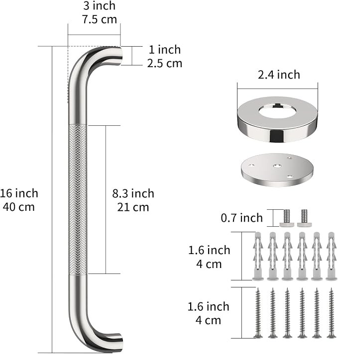 16 Inch Anti Slip Shower Grab Bar Handle, ZUEXT Chrome Finish Stainless Steel Bathroom Grab Bar, Knurled Bathroom Balance Bar,Safety Hand Rail Support,Handicap Elderly Injury Senior Assist Bath Handle