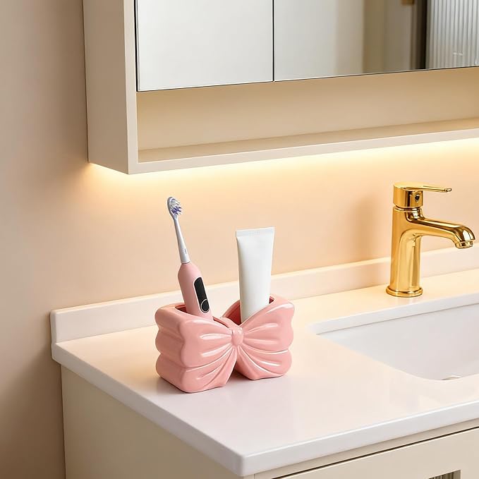 Bow Toothbrush Holder， 2-Slot Toothbrush and Toothpaste Holder Cute Toothbrush Holder Set, Bathroom Counter Organizer for Bathroom，Electric Toothbrushes, Floss, Razors - Pink