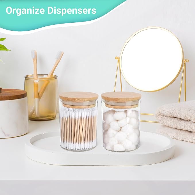 BKYFPQ 2 Pack Glass Qtip Holder Dispenser for Cotton Ball,Swab,Pads,Floss | Apothecary Jars with Lids,Vanity Makeup Organizer and Bathroom Canister Storage Organizer
