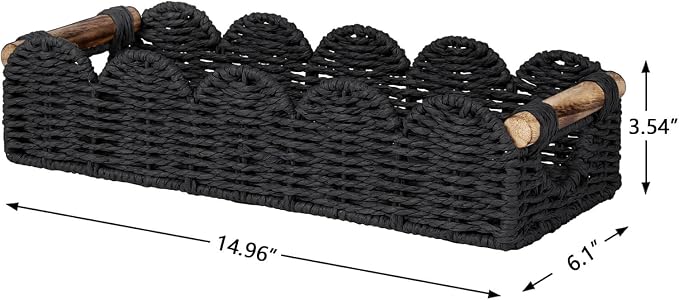 CubesLand Toilet Tank Paper Storage Basket Bathroom Counter Baskets for Organizing, Scalloped Decor Basket for Home, Living Room, Nursery, Wicker Bathroom Shelves Organization&Decorative Tray, Black
