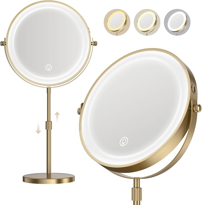 Dienmern Lighted Makeup Mirror, 1X/20X Double-Sided Magnifying Vanity Mirror with Lights, 360° Rotation, 5000mAh Rechargeable Adjustable Brightness with 3 Colors for Dorm, Living Room, Women Gift