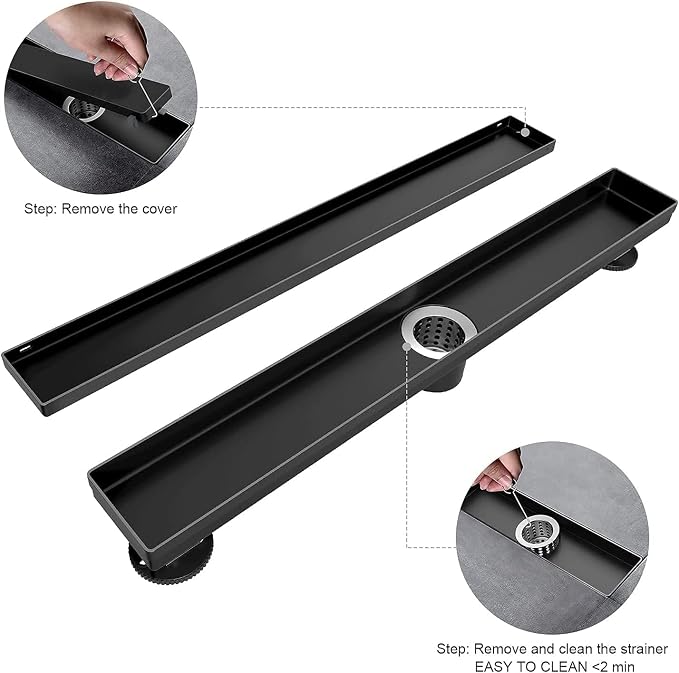 EXF Linear Shower Drain 34 Inch Matte Black with Reversible Flat & Tile Insert Cover, Stainless Steel Rectangle Bathroom Floor Drain with Hair Catcher, Adjustable Feet