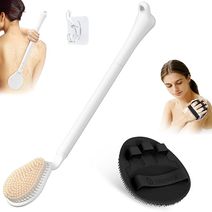 Back Scrubber for Shower & Silicone Bath Glove Set, 19’’ Detachable Long Handle Body Scrubber Wet or Dry Brush, Adjustable 2-in-1 Back & Body Brush with Soft Bristles for Deep Cleaning(White)