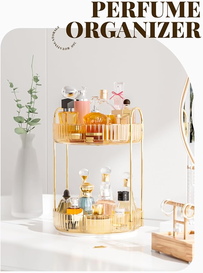 Bathroom Organizer Countertop, Rotating Makeup Organizer for Vanity, 2-Tier Make Up Organizers and Storage, Vanity Tray Shelf for Cosmetic, Skin Care, Lotions (Champagne Gold)