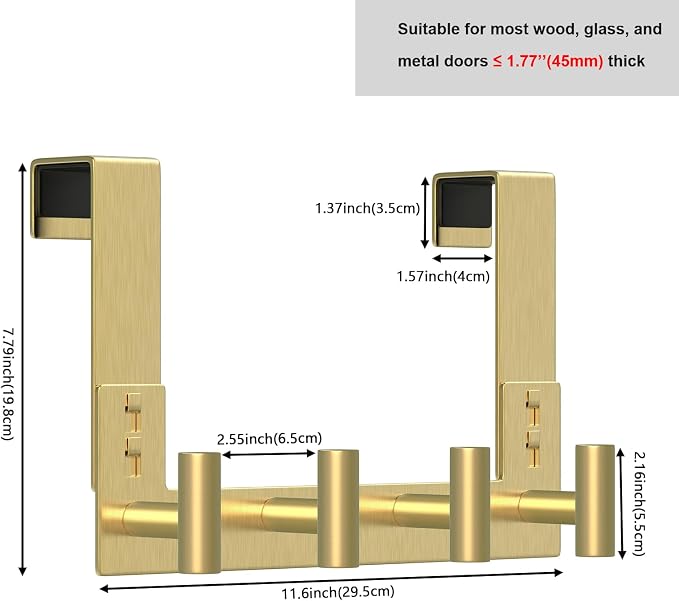 PMMASTO Over The Door Hooks, Fits 1-3/4" Thick Door No Drill Hooks for Closet Bathroom Bedroom Organization, Hanger for Coat Towel Robe (Gold, 4 T-Hooks)