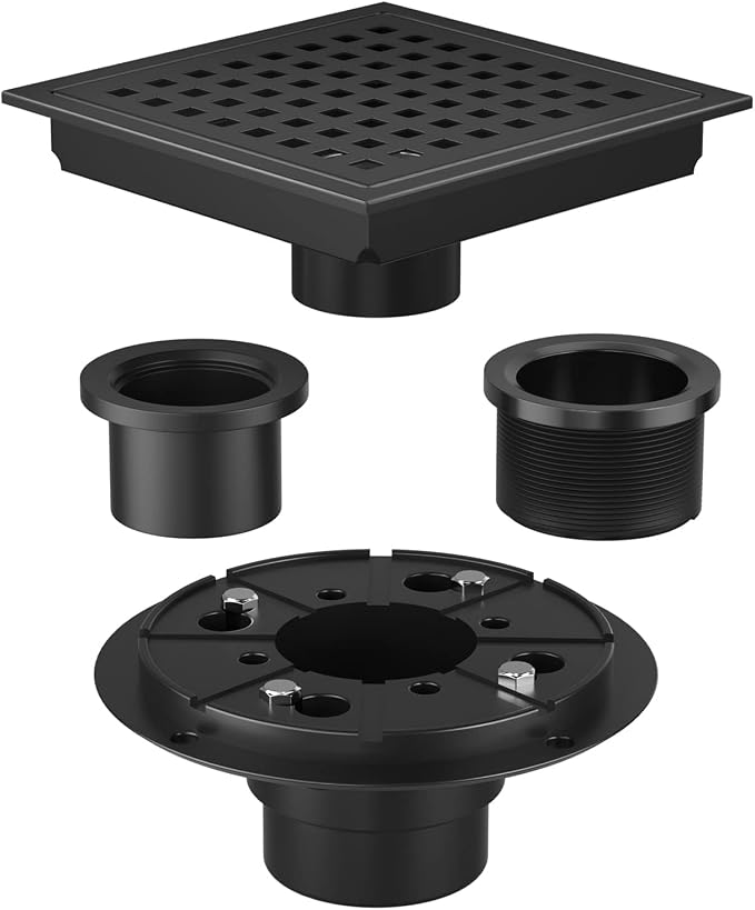 4 Inch Square Shower Drain Matte Black with Removable Quadrato Pattern Grate, SUS 304 Stainless Steel Floor Drain with Flange