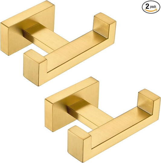 APLusee Double Bath Towel Hook 2 Pack, Solid Stainless Steel Square Dual Coat Holder, Modern Bathroom Kitchen Storage Hanger Wall Mounted, Brushed Dark Gold