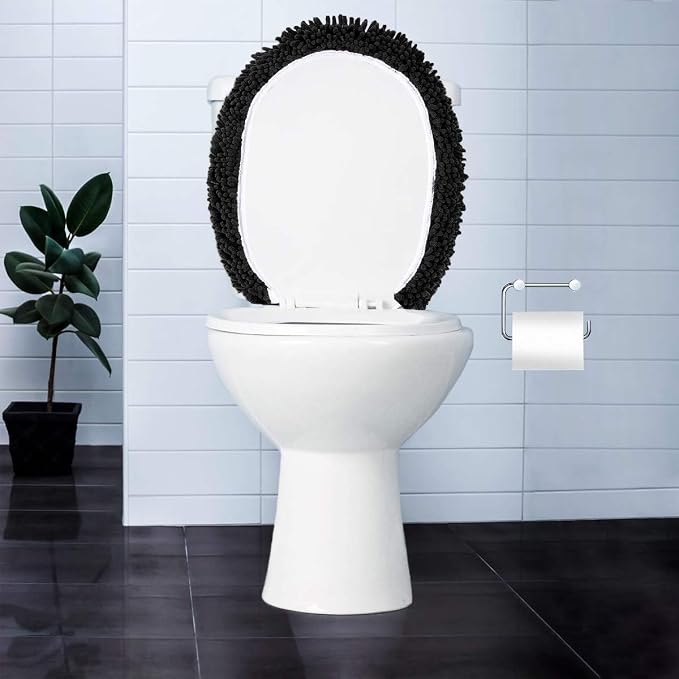 LuxUrux Toilet Lid Cover with Stretch Fit Elastic Band – Chenille Microfiber Toilet Seat Non-Slip Cover for Bathroom – Soft Plush, Machine Wash And Dry, Comfort & Clean Look (18 x 18'', Black)
