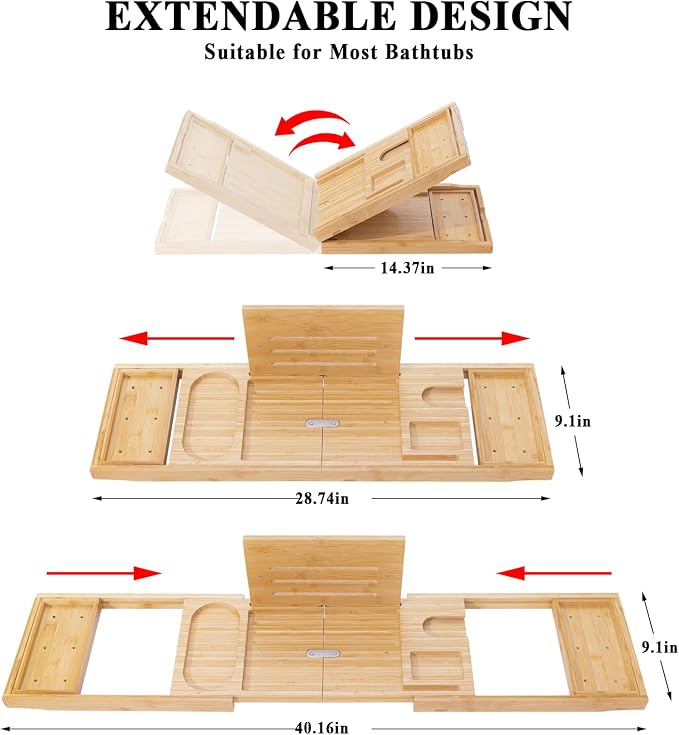 Bathtub Tray, Bamboo Bath Tray for Tub, Expandable Bath Tray with Bamboo Book Stand, Soap Tray, Bathtub & Bathroom Accessories Perfect for Home Spa, Natural Colour