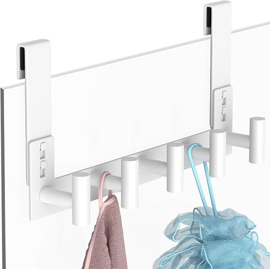 PMMASTO No-Drill Extra Long Shower Hooks, Fits 3/8" Thick Door, Heavy Duty Stainless Steel Towel Hooks for Frameless Glass Shower Door, Holds Bathrobe Towel (White, 5 T-Hooks)