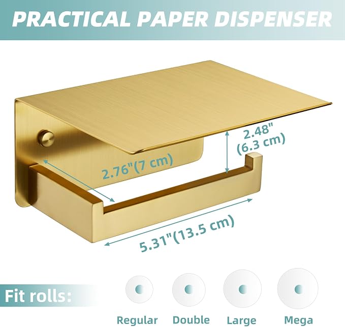 Toilet Paper Holder with Shelf Brushed Dark Gold, APLusee SUS 304 Stainless Steel Modern Bathroom Accessories Tissue Roll Dispenser Storage