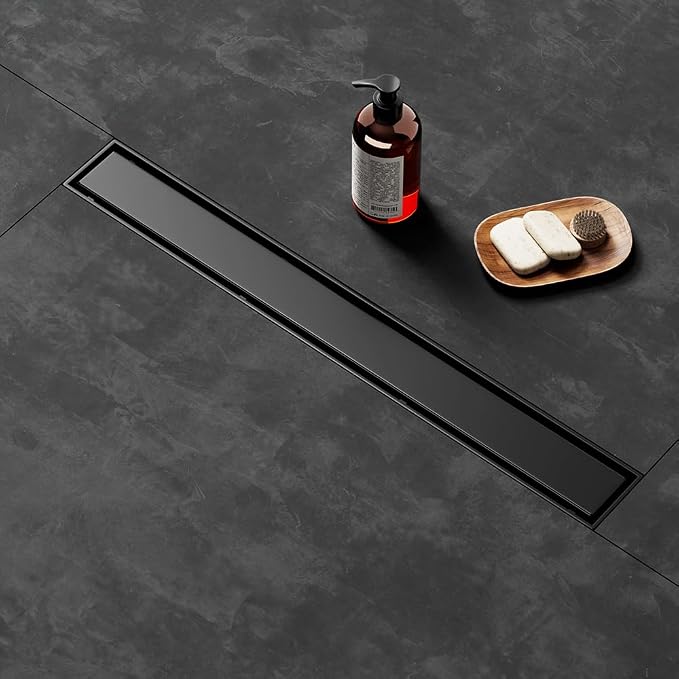Linear Shower Drain 24 Inch Black, Shower Drain with 2-in-1 Tile Insert Panel, Brushed AISI 304 Stainless Steel Linear Drain for Fast Drainage, Floor Drain for Bathroom, Kitchen, Garage & More