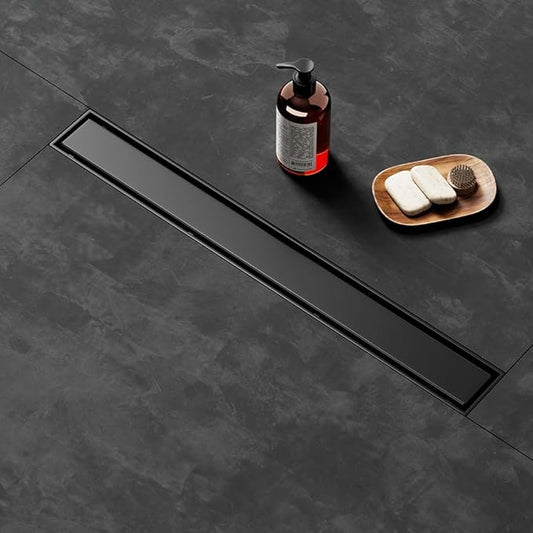 Linear Shower Drain 28 Inch Black, Brushed AISI 304 Stainless Steel Shower Drain with 2-in-1 Tile Insert Panel, for Bathroom, Kitchen, Garage & More