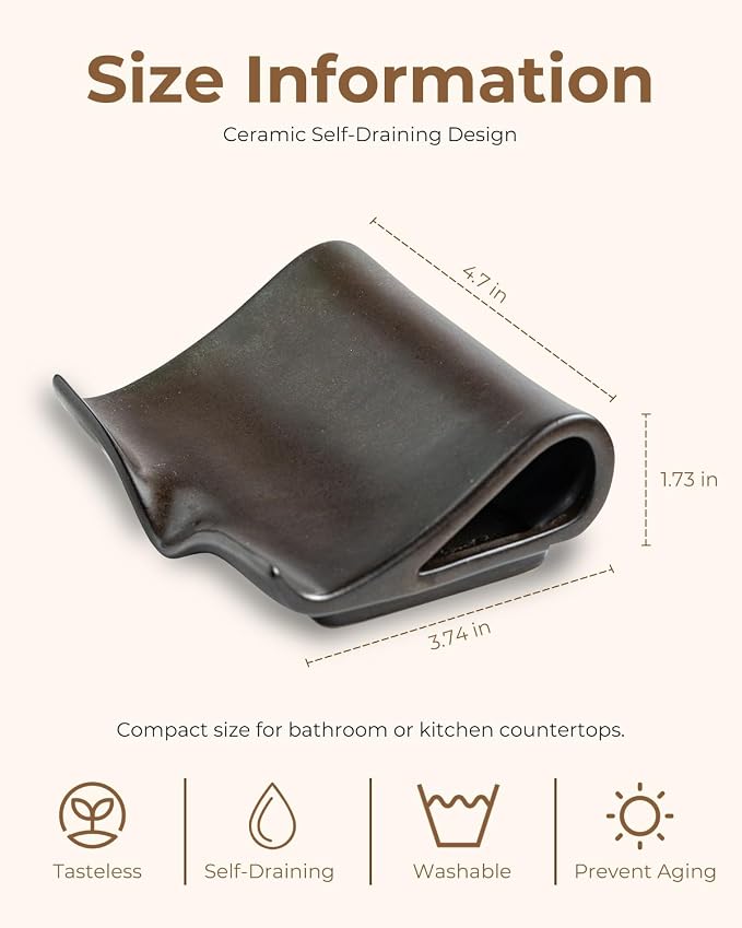 Zoeeker Soap Dish with Drainage, Ceramic Self-Draining Bar Soap Holder | Waterfall Design Soap Drying Tray for Bathroom, Kitchen, Sink, Soap Saver Keep Dry, Extends Soap Life, Black-Brown Glaze
