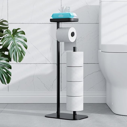 Kitsure Metal Toilet Paper Holder Free Standing, Large, Black | Rustproof Toilet Paper Stand for 5 Rolls, Bathroom Organizers and Storage with Anti-Slip Base and Plastic Shelf