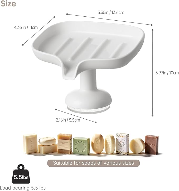 PAVSTINE Self-Draining Soap Dish with Suction Cup, Stand Bar Soap Holder | No-Drill Mounting, Removable for Easy Cleaning, Keeps Soap Dry, for Bathroom, Shower & Kitchen Sink, White