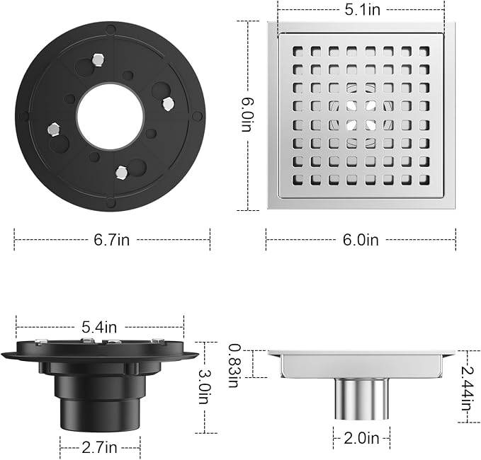 6 Inch Square Shower Drain Brushed with Removable Quadrato Pattern Grate, SUS 304 Stainless Steel Floor Drain with Flange