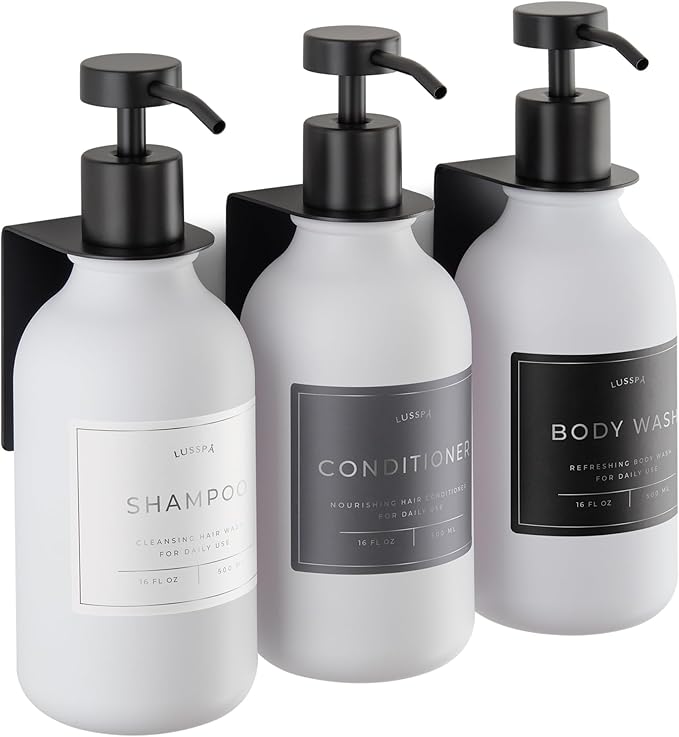 Shower Shampoo Dispenser Wall Mounted – 3 Refillable 16.9 oz White Bottles with Stainless Steel Pumps & No-Drill Adhesive Holders – Soap Dispenser Set for Bathroom (3 X White/Black)