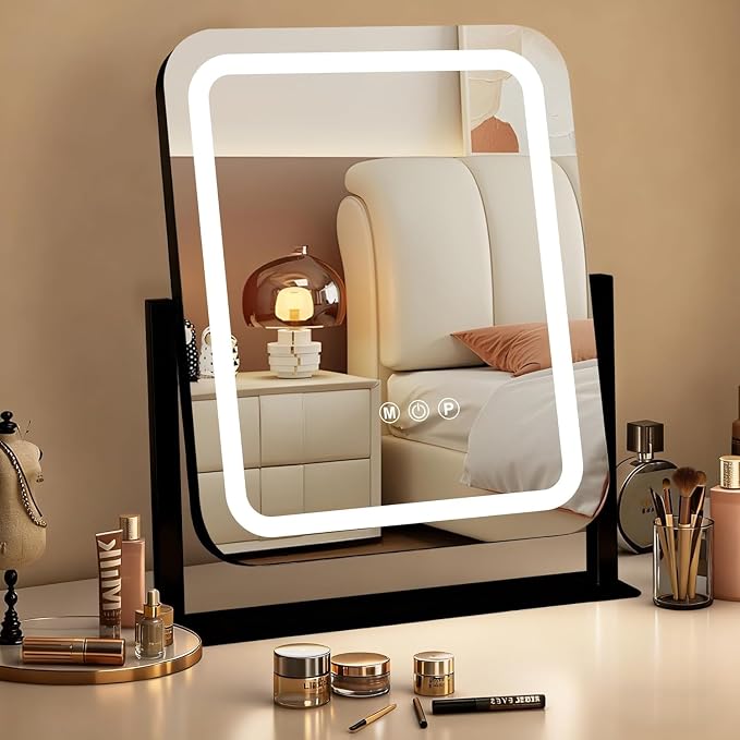 Ratsamee Black Vanity Mirror with Lights 15"×13", Led Makeup Mirror, Lighted Makeup Mirror with 3 Color Dimmable Lights, Smart Touch Screen Control, 360°Rotation