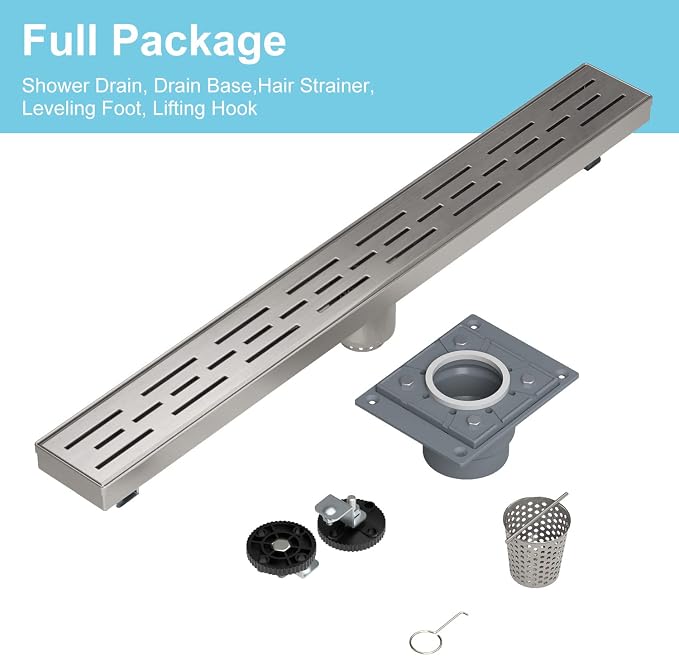 Shower Drain by EMBATHER Linear Shower Drain 18 Inch Floor Drain with Removable Quadrato Pattern Grate CUPC Certified, 304 Stainless Shower Drain Base Hair Strainer and Leveling Feet