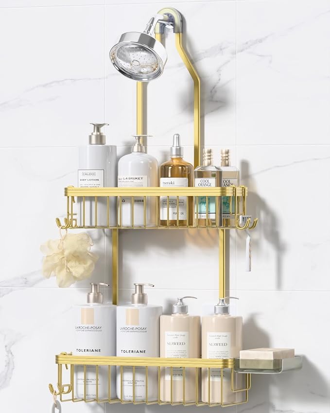 Never Rust Shower Caddy Hanging, Aluminum Shower Racks for Inside Shower, 2-Tier Shower Organizer Hanging Over Shower Head with Hooks and Soap Holder, Gold
