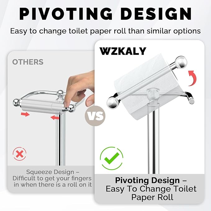 Toilet Paper Holder Stand Stainless Steel & Weighted Base Chrome | Polish Finish Post Pivoting Design Easy to Change Roll, Mega Roll Freestanding Toilet Paper Holder for Bathroom Waterproof