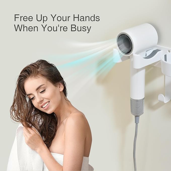 3-in-1 Hair Tool Organzier Wall Mount, Adhesive/Screw Mounting | Hair Dryer Storage Curling Iron & Straightener Holder with Cord Hooks, Vanity Bathroom Organizer, White & Stainless Steel