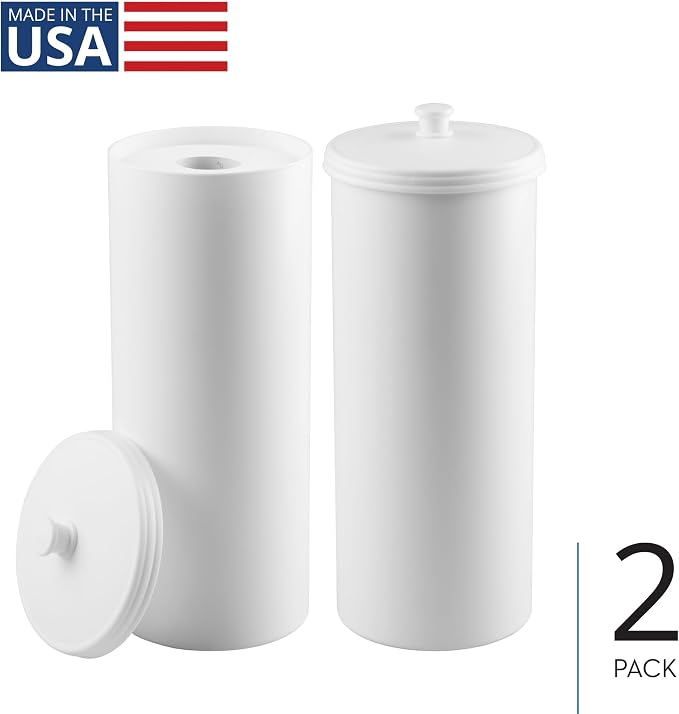 iDesign Freestanding Bathroom Toilet Paper Storage Holder, 2-Pack, White | With Lid, Holds 3 Extra Rolls