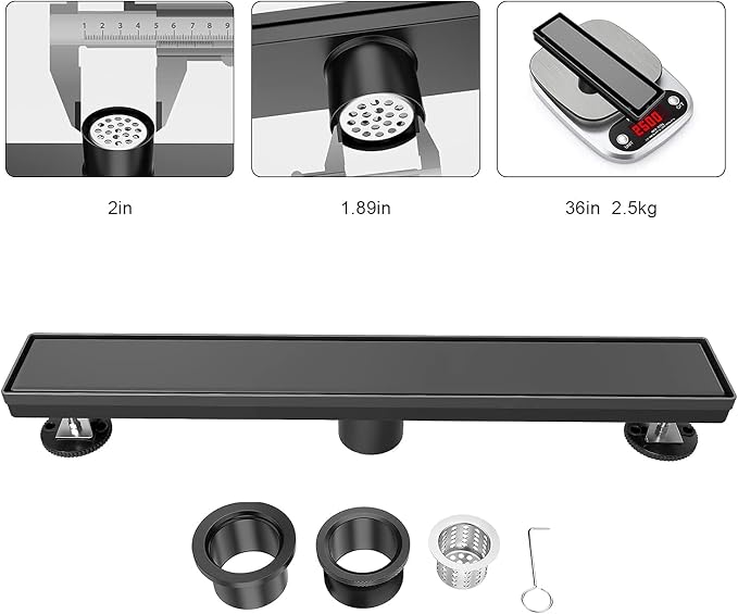 EXF Linear Shower Drain 36 Inch Matte Black with Reversible Flat & Tile Insert Cover, Stainless Steel Rectangle Shower Floor Drain with Hair Catcher, Adjustable Feet
