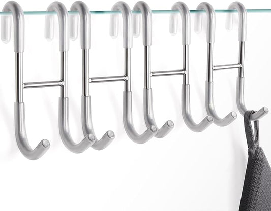 NINETREX Shower Door Hooks,Towel Hooks for Bathrooms Frameless Glass Door,Heavy Duty SUS 304 Stainless Steel Hook for Towels,Squeegee,Loofah,Shaver,Robe,4 Pack,Silver