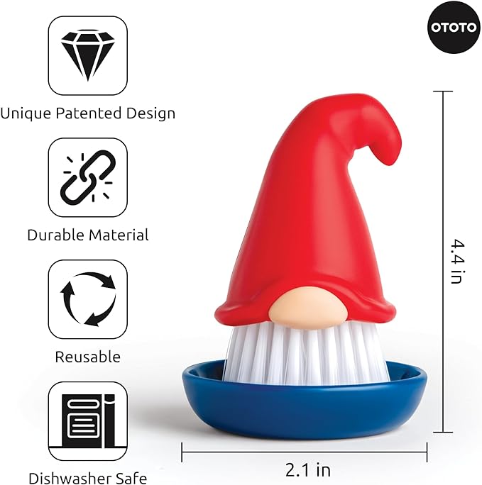OTOTO Gnome Dish Brush with Handle - Cleaning Brush, Vegetable Brush, Dish Scrub, Gnome Handle, Unique Kitchen Gadgets, Funny Kitchen Tools, Useful Gifts for Women (Beardy Red)