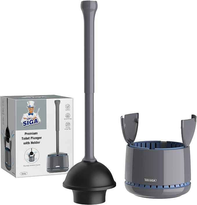 MR.SIGA Toilet Plunger with Holder, Plungers for Bathroom Heavy Duty, Gray | Automatic lid design, sturdy long handle, heavy duty toilet plunger and holder set, toilet clog remover