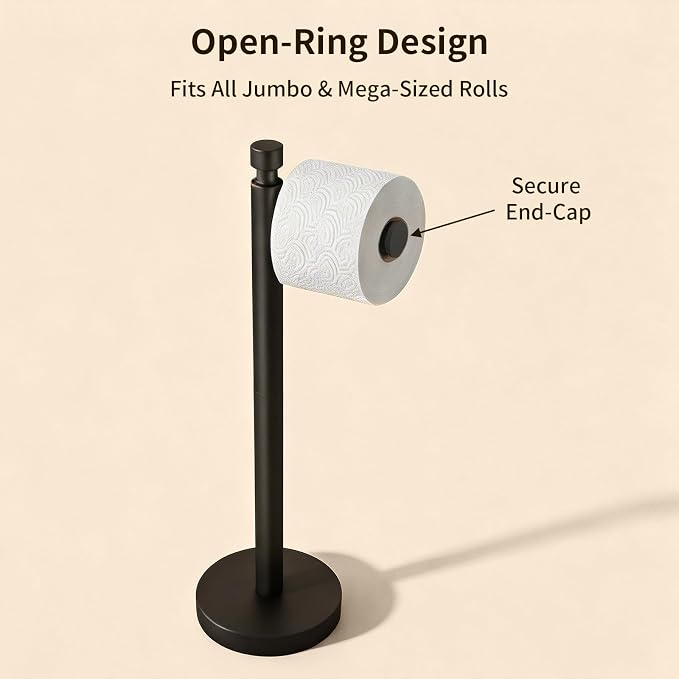 Toilet Paper Holder Stand with Weighted Base, Matte Black | Stainless Steel Design with Open-Arm Access for Bathrooms and Powder Rooms