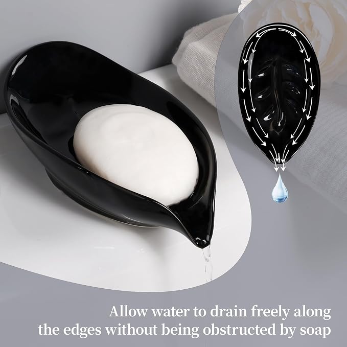 Soap Dish, Self Draining Soap Holder, Leaf Shape Ceramic Bar Soap Holder Drain Soap Dishes for Bathroom Sink Kitchen, Easy to Clean, Keeps Soap Dry, Black, ANTIS'S HOME