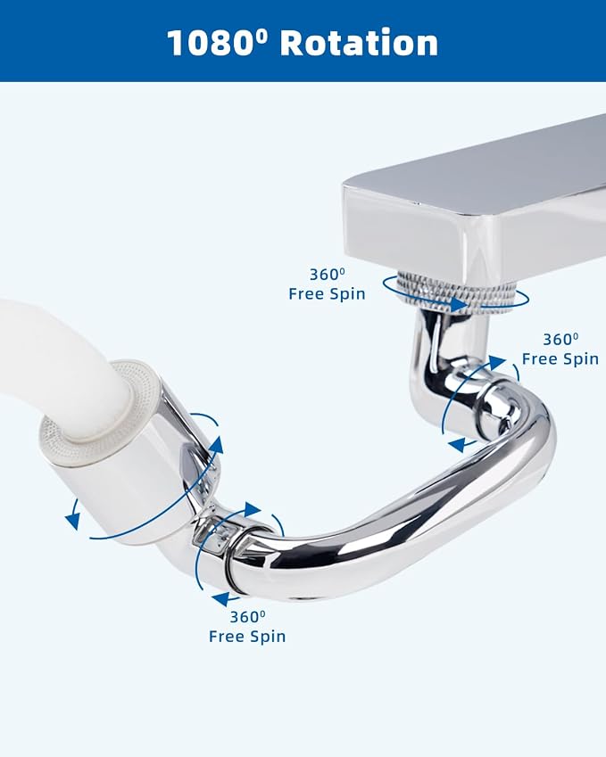 Hibbent 1080° Swivel Faucet Extender, Metal Rotatable Sink Faucet Aerator with Metal Extension, 2 Functions Kitchen & Bathroom Sink Sprayer, Faucet Attachment for Face Washing, Chrome