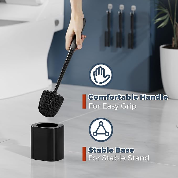 Holaloha Toilet Brush and Holder Set, Space Saving, 3 Pack, Black | Bathroom Accessories, Ergonomic Silicone Handle, Dense Bristles, Deep Cleaning, with 3 Crevice Brushes, Compact Design