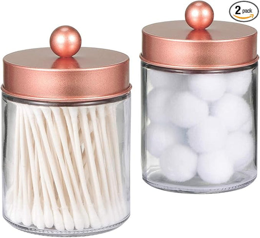 Amolliar Apothecary Jars Bathroom Storage Organizer -Countertop Storage Organizer Canister - Attractive Qtip Dispenser Holder Glass with Lid- for Cotton Swabs,Bath Salts,Hair Band / 2-Pack(Rose Gold)