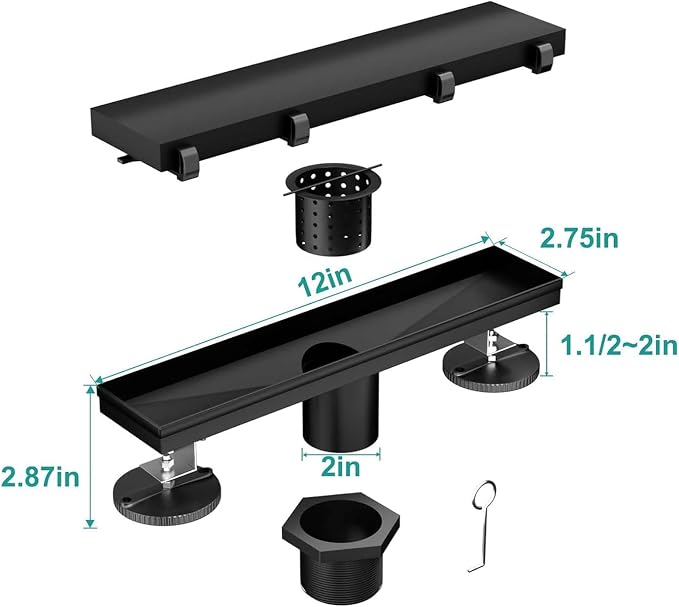 BARONAGE 12 Inch Linear Shower Drain, Reversible Tile Insert, Matte Black | 304 Stainless Steel Linear Drains, Rustproof, Hair Catcher, Rectangle Shower Floor Drain With Leveling Feet For Bathroom