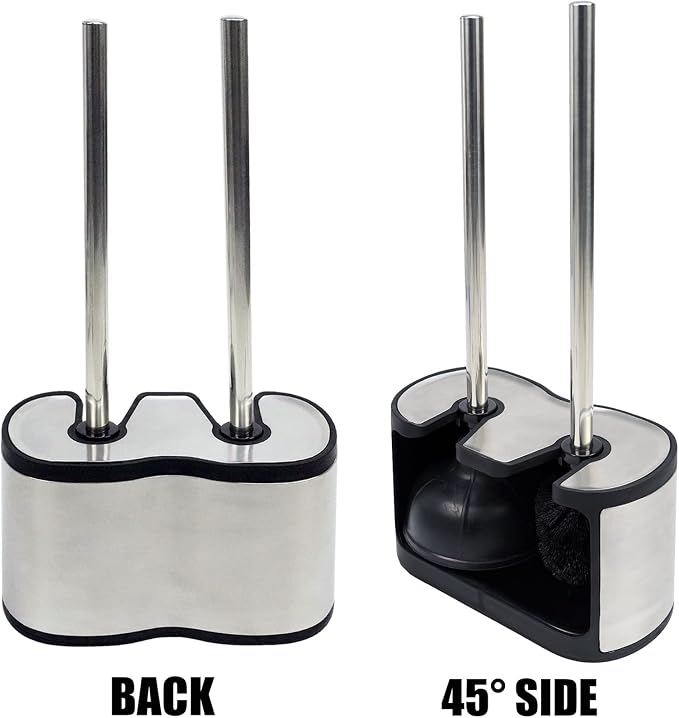 Casaphoria Stainless Steel Toilet Bowl Brush with Holder and Plunger Set, Freestanding Canister for Bathroom, 2 in 1 Hideaway Holder Heavy Duty Unclogger Plunger