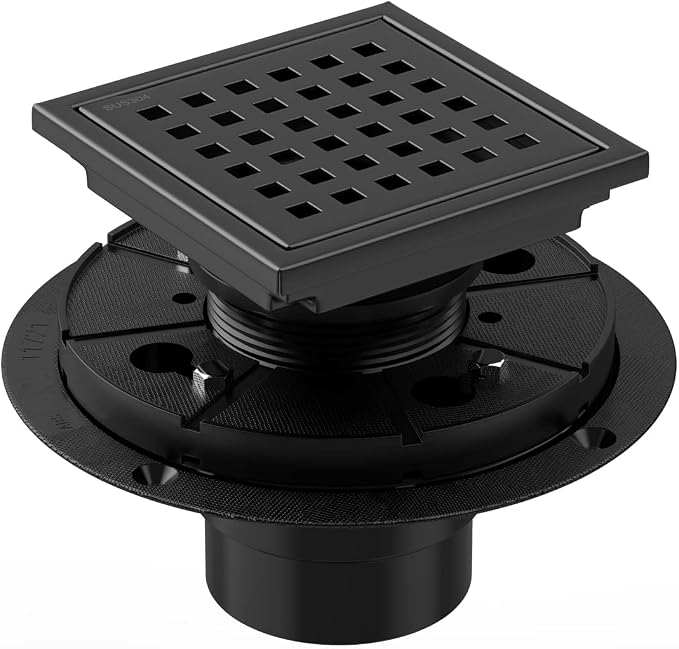 Black Shower Drain 4 Inch with Flange CUPC Certified- Made of 304 Stainless Steel, Square Shower Drain Includes Removable Cover Grid Grate,Thread Adapter