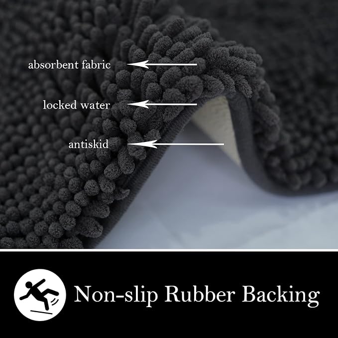 Bathroom Rugs Chenille Bath mat 3 Piece Set, Super Absorbent, Strong PVC Non Slip Backing, Bath mats for Bathroom, Plush Shaggy, Thick, Machine Washable, Bathtub, Toilet, Dark Grey