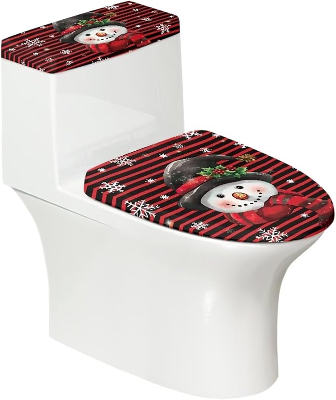 Christmas Toilet Lid Cover and Tank Cover Set of 2 Pack Cute Snowman Toilet Seat Cover Set Washable Toilet Tank Lid Cover Christmas Decor