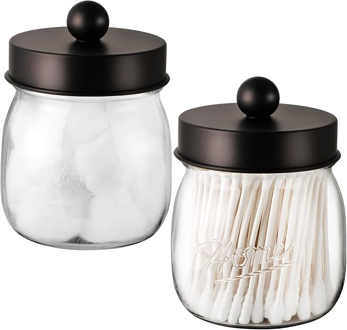 SheeChung 2 Pack Acrylic Mason Jar Qtip Holder Dispenser with Labels,Bronze | Small Plastic Apothecary Jars,Vanity Canisters for Cotton Swabs,Balls,Floss Picks,Bathroom Storage Organizers,Farmhouse Decor
