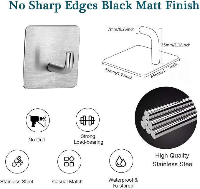 Adhesive Towel Hooks, 8 Pack Self Adhesive Coat Sticky Hooks for Hanging, Stainless Steel Stick on Wall Hat Hook, Bathrooms Kitchen Livingroom Garage, Silver