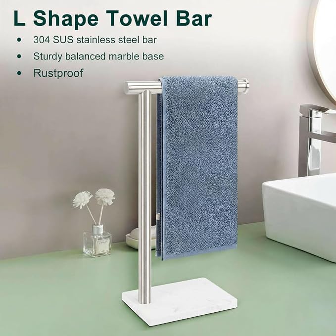 Hand Towel Holder, Hand Towel Stand for Bathroom with Marble Base, 304 Stainless Steel L Shape Hand Towel Rack Bar Standing for Vanity Kitchen Countertop, Brushed Nickel