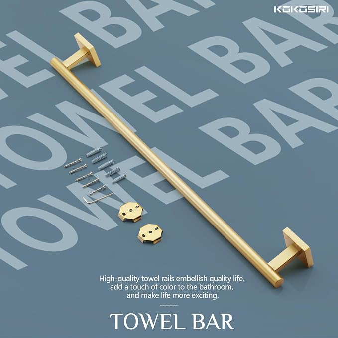 KOKOSIRI Bathroom Towel Bar Bath Towel Holders for Toilet Kitchen Cabinet Wall Mount 24 Inch Brushed Gold Stainless Steel B4005BG-L24