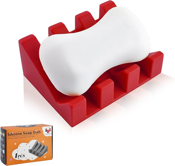Self Draining Soap Dish Holder,Silicone Soap Dish,for Bathroom,Kitchen, Sponges，Can Extend Soap Life，Keep Soap Bars Dry and Easy Cleaning (Red,1-Pack)