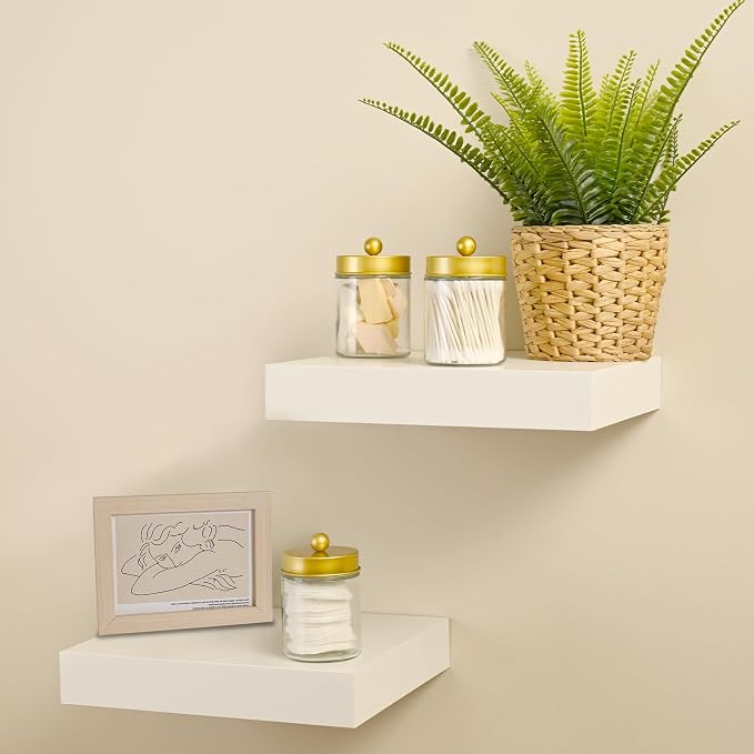 SheeChung 3 Pack Glass Qtip Holder with Gold Stainless Steel Lids | Apothecary Jars with Stickers, Countertop Canister Guest Bathroom Storage Organizer Set for Cotton Swabs/Balls, Floss Picks