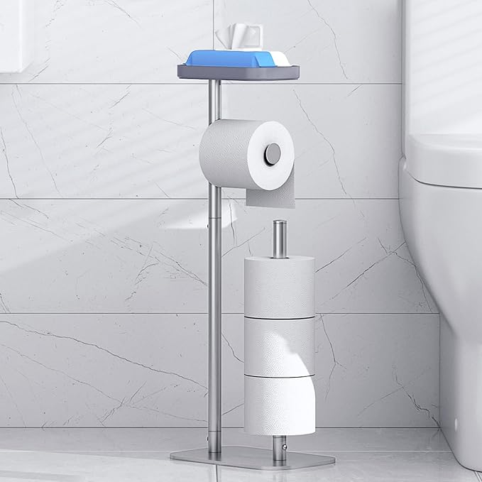 Kitsure Metal Toilet Paper Holder Free Standing, Medium, Silver | Rustproof Toilet Paper Stand for 4 Rolls, Bathroom Organizers and Storage with Anti-Slip Base and Plastic Shelf